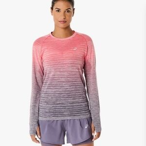 ASICS Women's Pink Gray Ombre Long Sleeve Top Thumb holes Running Workout S NEW